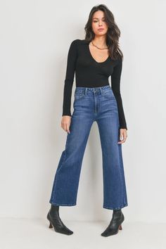 Back by popular demand, The Slim Wide Leg. These high-waisted jeans are slim through the waist and open up past the thigh. Plus these jeans are made with our ultra-soft and stretchy fabric, which is flattering on everyone. Details Rise 10.5” ; Inseam 27” 93% Cotton, 5% Polyester, 2% Spandex Made in USA Style no. BP239J Versatile High Rise Dark Wash Flare Jeans, Versatile High Rise Flare Jeans For Fall, Dark Wash Stretch Wide Leg Cropped Jeans, Versatile High Waist Dark Wash Flare Jeans, Versatile Dark Wash High Waist Flare Jeans, Versatile Full Length Jeans For Fall, Versatile Mid-rise Flare Jeans In Medium Wash, Stretch Medium Wash Cropped Jeans For Fall, High Rise Flare Jeans For Fall