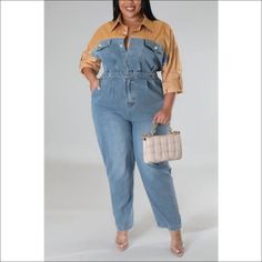 Look effortlessly cool in our Plus Size Poppin My Collar Denim Jumpsuit. With its classic design and contemporary details, you'll be rockin' the streets in style. So don't be shy and show it off —it's time to poppin' your collar! Ships Worldwide Decoration Button , Zip Up , Pockets Length Ankle-Length Style Casual Fabric Non-Stretch Fabric Type Denim , Blended fabrics Material Polyester , Lanon Neckline Turn-down Collar Pattern Type Colorblock , Patchwork Season Spring / Autumn Sleeve Length Ful Fall Light Wash Jumpsuits And Rompers With Pockets, Trendy Light Wash Overalls For Fall, Fall Light Wash Denim Jumpsuit With Pockets, Light Wash Denim Overalls For Fall, Fall Light Wash Denim Overall Jumpsuit, Light Wash Denim Overall Jumpsuit For Fall, Chic Medium Wash Jumpsuits And Rompers For Fall, Denim Overalls For Fall, Chic Denim Overalls With Relaxed Fit