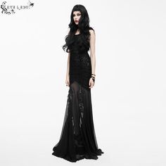 A stunning, glamorous floor-length gothic dress that belongs in a film noir!The skirt features floral embroidery whereas the bodice is embossed with a gothic paisley pattern.Feathered lace is sewn on the shoulders also. Product Specifications:Style: GothicFabric: 95% Cotton, 5% Spandex Black Gothic Evening Dress For Prom, Gothic Black Gown For Halloween, Gothic Ball Gown For Halloween, Gothic Black Fitted Evening Dress, Gothic Evening Ball Gown, Fitted Gothic Black Evening Dress, Fitted Black Gothic Evening Dress, Gothic Black Prom Gown, Black Gothic Prom Gown