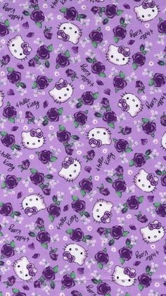 purple hello kitty fabric with flowers on it