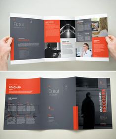 two different views of a brochure that is open