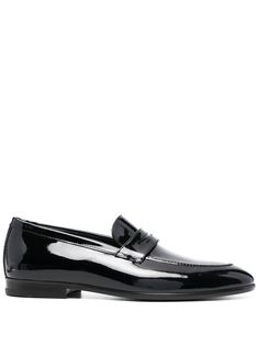 black patent leather almond toe penny slot branded insole flat rubber sole comes with shoehorn Modern Patent Leather Slip-on Shoes, Modern Patent Leather Pointed Toe Loafers, Sleek Patent Leather Loafers With Leather Sole, Pointed Toe Patent Leather Oxfords With Textured Sole, Patent Leather Oxfords With Textured Sole And Pointed Toe, Pointed Toe Patent Leather Loafers With Textured Sole, Formal Patent Leather Loafers With Glossy Finish, Formal Patent Leather Loafers With Textured Sole, Sleek Patent Leather Slip-on Loafers