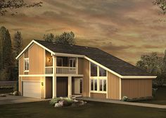 this is an artist's rendering of a two - story house in the evening