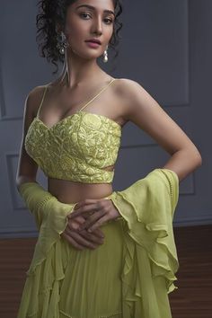 Lime green gathered tiered lehenga with pearl embellishments on the tiers and an embroidered waistband. Paired with a noodle strap sleeves blouse with bloom garden embroidery using resham, bugle bead, pearl highlights and a frilly dupatta. - Aza Fashions Pearl Highlights, Tiered Lehenga, Cape Lehenga, Noodle Strap, Kurta Lehenga, Lehenga Pattern, Garden Embroidery, Eid Party, Lehenga Skirt