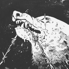 a black and white drawing of a rat with its head stuck in the ground, holding a stick