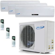 three air conditioners and four remote controls are shown in this image, including an air conditioning unit