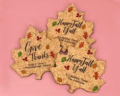 four wine cork coasters with the words happy fall y'all on them