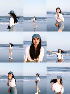 a woman standing on top of a beach next to the ocean