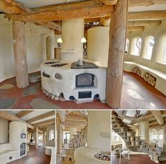 this is an image of a kitchen in a log cabin with wood stove and stairs