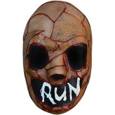 a creepy mask with the word run painted on it's face and black eyes