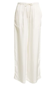 If you must step away from your pool chaise or beach towel, pop on some cotton pants closed with a comfy drawstring. Drawstring waist Front patch pockets 100% cotton Machine wash, line dry Imported White Vacation Bottoms With Side Pockets, White Linen Lounging Bottoms, Chic White Bottoms With Drawstring, Chic White Drawstring Bottoms, Cream Relaxed Fit Bottoms For Vacation, White Summer Bottoms With Patch Pockets, White Summer Bottoms With Side Pockets, Summer Loungewear Pants With Patch Pockets, Relaxed White Bottoms With Pockets