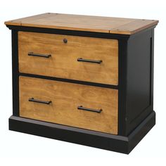 a black and wood dresser with two drawers