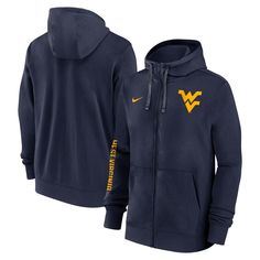 Gear up for another exciting season of West Virginia Mountaineers football with the Nike 2024 Sideline Full-Zip Hoodie. This midweight hoodie is perfect for moderate temperatures and features two front pouch pockets for added convenience. The iconic Nike Swoosh logo is embroidered on the right chest, adding a touch of athletic authenticity. This hoodie is a must-have for any Mountaineers fan looking to rep their team with authentic WVU style. Nike West, Arizona Wildcats, Nike Swoosh Logo, West Virginia Mountaineer, Nike Fleece, Team Blue, Mens Navy, Full Zip Hoodie, West Virginia