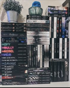 a stack of books sitting on top of a shelf next to a potted plant