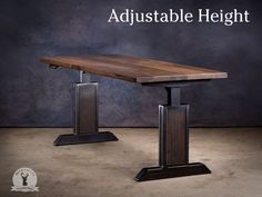 a wooden table sitting on top of a metal stand with the words adjustable height above it