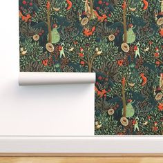 an image of a wallpaper with trees and animals on it's side in the room