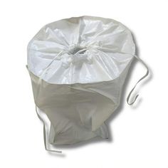 a white plastic bag with a drawstring on the front and back side, attached to a string