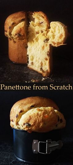 a panettone from scratch is cut in half and sitting on a black surface