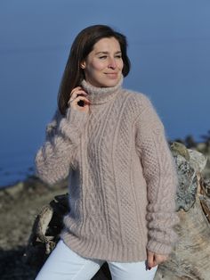 Knitted Alpaca Turtleneck Sweater, Winter Mohair Turtleneck Sweater, Beige Mohair Winter Sweater, Cozy Mohair Sweater For Winter, Mohair Turtleneck Sweater For Fall, Cozy High Neck Hand Knitted Sweater, Fall Mohair Turtleneck Sweater, Fall Turtleneck Mohair Sweater, Fitted Mohair Turtleneck Sweater