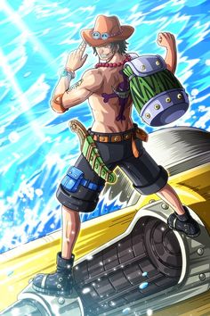 an anime character standing on top of a boat in the ocean