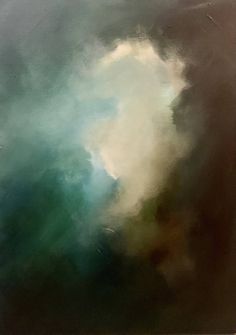 an abstract painting with blue, green and white clouds in the sky on a black background