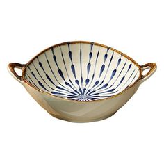 a white and blue bowl on a white background