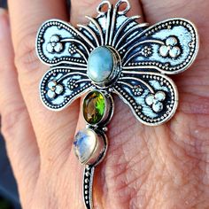 Brand New Handmade Larimar, Rainbow Moonstone And Peridot Silver Dragonfly Ring. Size 8 1/2 925 Stamped New To Poshmark? Use Referral Code Kimberlyn222 To Receive $10. Silver Gemstone Butterfly Ring In Sterling Silver, Dragonfly Ring, 925 Silver Ring, 925 Silver Rings, Rainbow Moonstone, Womens Jewelry Rings, Moonstone, Silver Ring, 925 Silver