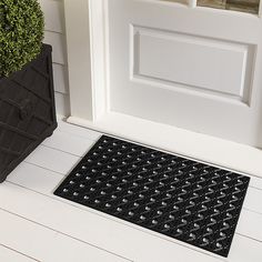 a black door mat sitting next to a potted plant on the floor in front of a white door