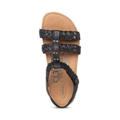 Reese Adjustable Gladiator Sandal - Black - Walking Sandal with Arch Support Adjustable Woven Leather Sandals For Summer, Beach T-strap Sandals In Woven Leather, Adjustable Woven Leather Sandals For Beach, Casual Braided Open Toe Sandals, Casual Sandals With Adjustable Woven Leather, Casual Sandals With Woven Leather And Adjustable Fit, Casual Adjustable Woven Leather Sandals, Casual Adjustable Slingback Sandals With Woven Sole, Beach T-strap Sandals With Woven Leather And Round Toe