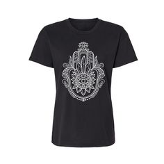 Crystal Hamsa Relaxed Fit Ladies T-Shirt - Infused with Obsidian, Tigers Eye & Amethyst Introducing the Crystals Hamsa Hand paired with Obsidian, Amethyst and Tigers Eye Crystals, a unique and powerful combination of spiritual symbols and healing crystals. The Hamsa hand, also known as the "Hand of Fatima," is a powerful symbol of protection and good luck. It is believed to bring the wearer safety and peace of mind. The Obsidian crystal is a powerful grounding stone that helps to protect against Black Bohemian T-shirt With Relaxed Fit, Black Bohemian Relaxed Fit T-shirt, Eye Crystals, Obsidian Crystal, Tiger Eye Crystal, Psychic Attack, Spiritual Symbols, Hand Of Fatima, Ladies T Shirt