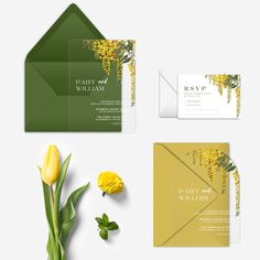 wedding stationery with yellow flowers and greenery on the front, green envelope and matching rsp card