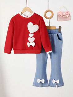 2pcs Young Girls Casual College Style Red Long Sleeve Sweatshirt With White Lace Heart Print Top And Blue Washed Flare Jeans Set, Fall/Winter, For Christmas Red   Long Sleeve Denim,Polyester Geometric,Heart  Non-Stretch  Young Girls Clothing, size features are:Bust: ,Length: ,Sleeve Length: Trendy Long Sleeve Sets For Winter, Cute Long Sleeve Sets For Winter, Cute Long Sleeve Winter Sets, Cute Red Long Sleeve Sweater, Cute Red Fall Tops, Cute Long Sleeve Sets For Fall, Cute Red Long Sleeve Sweatshirt, Red Long Sleeve Winter Sets, Cute Red Sweatshirt For Winter