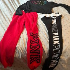 Pink Bundle Brand New One Pair Of Red Classic Sweat Pants Black Print Black Draw String One Black Leggings With White Print Pink Dog Logo On The Waist Band One Black Hoodie With Pink Printed In Rainbow On The Back This Would Be Over $160in Store After Taxes If You Could Find Them Tags Still On Items Great Bundle Great Valentine's Day Gift That's Cheaper And More Original Then Candy Flowers And Last Longer Pink Long Sleeve Tracksuit For Gym, Pink Stretch Sweatpants For Winter, Pink Joggers For Winter Loungewear, Pink Winter Joggers For Loungewear, Fitted Red Tracksuit For Loungewear, Red Winter Sports Joggers, Red Winter Athleisure Pants, Red Tracksuit For Loungewear, Red Sportswear Tracksuit For Loungewear