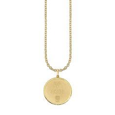 14k yellow gold zodiac medallion necklace with center diamond. Authentic to true coin style by featuring two sides. Charm measures approximately 3/4" in diameter. 14k gold heavy cable chain available in 16" length with an extra loop at 18". Script Necklace, Hand Chain Bracelet, Zodiac Sagittarius, Medallion Necklace, Hand Chain, Anklet Jewelry, Initial Necklace, Cable Chain, Shop Necklaces