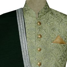 Pistachio Green Fully Embroidered Prince Coat for Men Fashion is about what you feel comfortable in, so customize this Uomo Attire bespoke pistachio green fully embroidered prince coat for your special day. This prince coat is made of premium quality fabric and is completely handcrafted. Paired with a beautiful dark green shawl which makes it more traditional.The design features golden brass buttons on the front, a welt pocket, round bottom fashion and semi-circular binding that complete the loo Designer Green Nehru Jacket For Festive Season, Designer Green Nehru Jacket For Festive, Designer Green Bandhgala With Resham Embroidery, Festive Green Nehru Jacket With Intricate Embroidery, Designer Embroidered Green Bandhgala, Designer Green Embroidered Bandhgala, Designer Embroidered Green Nehru Jacket, Green Long Sleeve Sherwani With Resham Embroidery, Designer Embroidered Green Sherwani