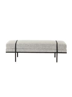 an upholstered bench with black metal legs and a light gray fabric seat pad