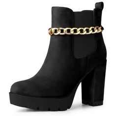 A chain wraps the top of the shaft on these faux suede leather ankle boots set on a chunky heel. These shoes go great in both jeans and dresses. Chunky Heels; Platform; Chain Decor; Block Heel; Ankle Boots; Vamp: Faux Suede; Outsole: Rubber; Heel: ABS; Heel Height: 3 7/8 inches; Shaft Height: 4 3/8 inches; Platform Height: 1 1/8 inches. Heel Chelsea Boots, Chunky Black Boots, Chelsea Boots Black, Burgundy Boots, Heeled Chelsea Boots, Leopard Boots, Platform Heels Boots, Chain Decor, Womens Chunky Heels