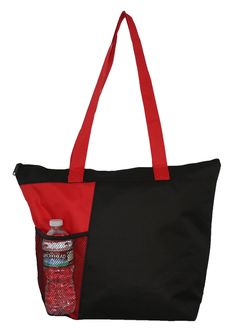 a black and red tote bag with water bottle inside