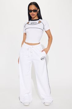 Available In White. Wide Leg Pant Elastic Waistband Drawstring Front Screen Stretch Side Hand Pockets Disclaimer: Due To The Printing Process A Difference In Saturation May Occur. Each Garment Is Unique. 95% Cotton 5% Elastane Imported | Sporty Contrast Wide Leg Pant in White size 2X by Fashion Nova Uzun Boy, White Wide Leg Pants, Birthday Shoot, Wide Leg Pant, Sporty Outfits, Athletic Pants, Bottom Clothes, White Fashion, Graphic Tees Women