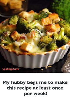 broccoli and cheese casserole in a white dish on a black table