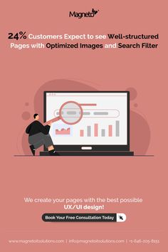 a man looking at a computer screen with the words, 25 % customers expect to see well - structured pages with optimized images and search filter