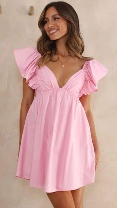 Blush Flare Cap Sleeves Mini Dress Frilled Sleeves, Pink Mini Dresses, Waist Length, Mini Dress With Sleeves, Xl Dress, Tie Back, Get The Look, Model Measurements, Women's Dresses