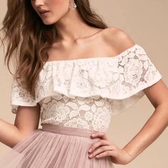 Anthropologie Bhldn Bonnie Top With Floral Lace And A Ruffled Off-The-Shoulder Neckline, We Love This Carefree Top Paired With The Louise Tulle Skirt. Nwot. Pullover Styling Nylon; Nylon Lining Professionally Clean Color Ivory Dimensions Fits True To Size; Take Your Normal Size. Cropped Length; Designed To Sit At The Natural Waist. Brand New In Original Packaging Fitted Off-shoulder Top For Wedding, Chic Off-shoulder Top For Wedding, Spring Wedding Off-shoulder Tops, Feminine Fitted Off-shoulder Top For Brunch, Spring Party Off-shoulder Lace Top, Chic Off-shoulder Lace Top, Fitted Off-shoulder Lace Top For Party, Summer Wedding Off-shoulder Top, Anthropologie Bhldn