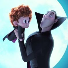 the animated characters are dressed up as dracula and batgirl in front of a full moon