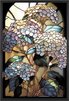 a stained glass window with flowers in it