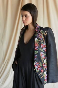 Black full sleeves raw silk blazer with all over multi thread bird garden embroidery. - Aza Fashions Floral Embroidered Outerwear For Spring Evening, Spring Evening Outerwear With Floral Embroidery, Spring Floral Embroidered Evening Outerwear, Spring Wedding Silk Blazer, Formal Spring Outerwear With Resham Embroidery, Designer Silk Blazer For Spring, Elegant Silk Outerwear With Floral Embroidery, Elegant Embroidered Spring Blazer, Silk Outerwear With Intricate Embroidery For Spring