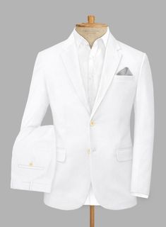 Level up your sartorial prowess and sparkle like a diamond with our Scabal White Cotton Stretch Suit. Crafted with a cotton blend cloth is resilient and flexible, guaranteeing you a luxurious comfort that'll make style-chasing a breeze. The dazzling white hue will give your look a sharp and confident edge and give your swagger an added oomph. So upgrade your everyday wear and shine on every occasion with our sophisticated suit.   Look Includes    Scabal   White     Cotton     Stretch  Fabric  T Luxury Cotton Semi-formal Suits, Luxury Cotton Suits With Notch Lapel, Elegant Fitted Cotton Suits, Luxury Cotton Blazer For Semi-formal Occasions, Slim Fit Cotton Suits With Notch Lapel, Elegant Single Breasted Cotton Blazer, Elegant Single-breasted Cotton Blazer, Luxury Cotton Blazer With Notch Lapel, Fitted Cotton Suit With Notch Lapel