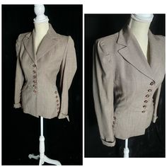 "Late 40's/early 50's gray brown Dan Millstein super pleated blazer with rows of buttons. Discolored red lining, interior collar staining, and one smaller stain on a cuff. All shown in photos Women's small/medium 36\" bust 27\" waist 26\" shoulder to hem 14.5\" back shoulders" Fitted Double-breasted Brown Tweed Jacket, Brown Fitted Double-breasted Tweed Jacket, Fitted Brown Double-breasted Tweed Jacket, Vintage Fall Blazer With Covered Buttons, Vintage Notch Lapel Tweed Jacket For Office, Vintage Tailored Button-up Blazer, Vintage Tweed Jacket With Notch Lapel For Office, Vintage Fitted Blazer With Notch Lapel, Vintage Single-breasted Button-up Tweed Jacket