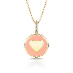 A perfect piece for bringing warmth to your look, the "I Am Loved" necklace will instantly illuminate your day. Made in gold tone sterling silver with pink enamel, set with shimmering rounds and radiant-cut stones, this necklace is designed to help your soul open up and attract passion as the gold heart shines bright around your neck. The engraved words of back will keep you grounded and remind you to love and be loved every time you wear it.Carat Weight: 0.17 ctStone Size: 1.1,2*1 mmStone Type: Pink Round Pendant Jewelry With Heart Charm, Pink Heart Charm Round Pendant Jewelry, Pink Round Pendant With Heart Charm, Pink Heart Pendant Jewelry With Adjustable Chain, Enamel Round Pendant Necklace For Anniversary, Anniversary Enamel Round Pendant Necklace, Pink Round Necklace For Valentine's Day, Pink Gold Pendant Jewelry With Charms, Enamel Round Necklace For Anniversary