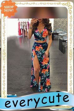 Summer Printed Set Woman Flower Two Piece Skirt Set Women Floral Crop Topand Skirt Suits Party Boho 2 Piece Set Outfits Outfit Formal Mujer, Split Skirt Outfit, Legging Cuir, Bauchfreies Top, Floral Two Piece, Floral Print Crop Top, Outfits Dress, Rock Outfit, Split Skirt